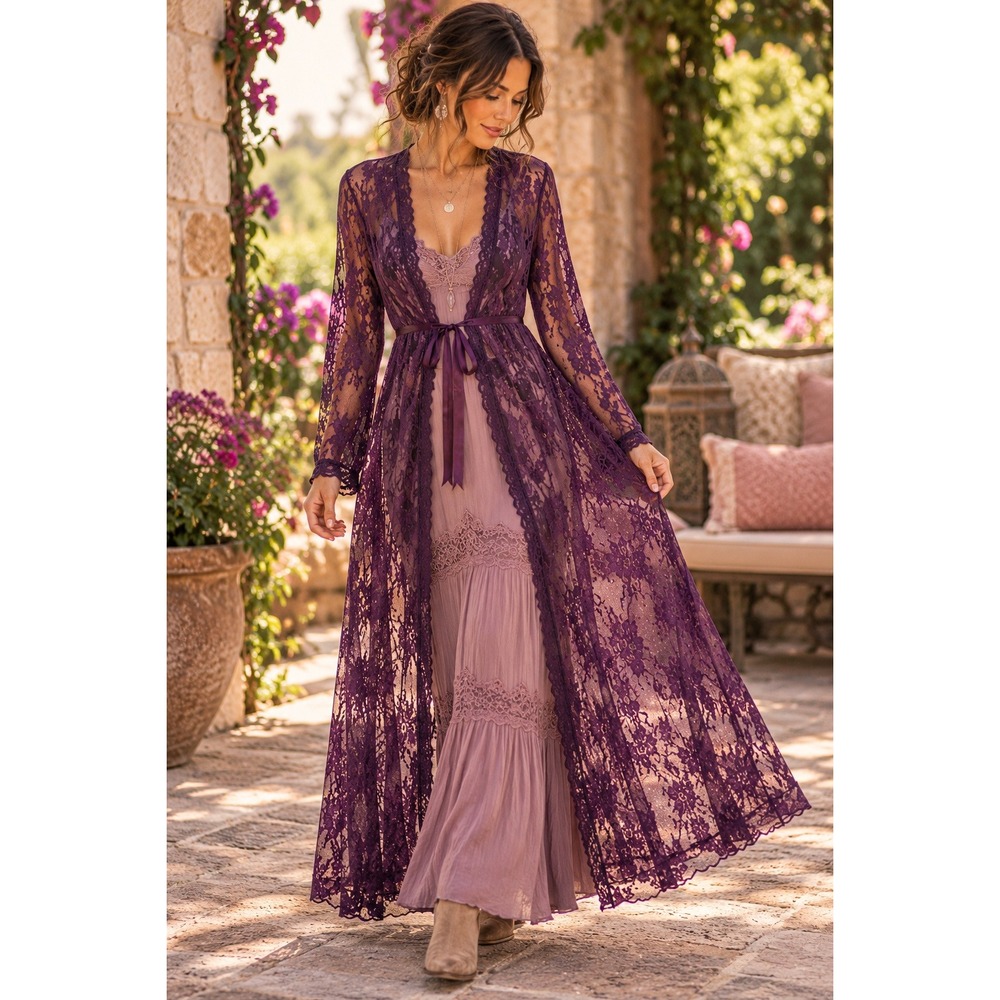 Purple Lace Duster Kimono L Sheer Maxi Gothic Whimsigoth Boho Coquette Cardigan